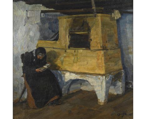                     SINGER,             Emmy (1884 Voitsberg - 1980)    Mütterchen beim Lesen am KachelofenÖl/Leinwand. Recht