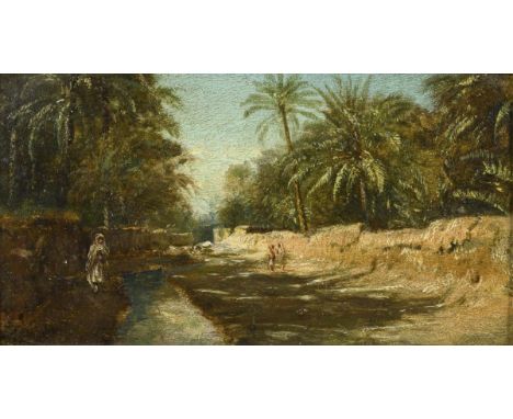             Orientalische Landschaft mit Bach und PalmenÖl/Zigarrenkistendeckel mit Prägung einer Pariser Manufaktur. Unsigni
