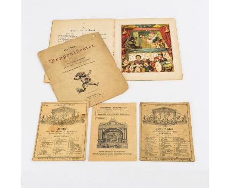 "Puppentheater-Bilderbuch" und 3 Hefte "Schreibers Kinder-Theater".             Mit farbig lithografierten Ziehbildern.      