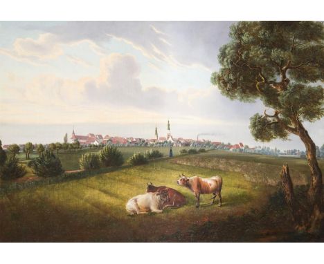                     LANDSCHAFTSMALER MITTE 19. JAHRHUNDERT,     Weidevieh vor Stadt-PanoramaÖl auf Leinwand. Monogrammiert: W