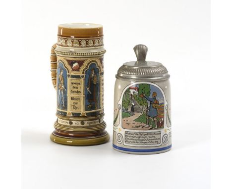 Gründerzeit-Reliefkrug und Jugendstil-Bierseidel mit Liedzeilen. 1x gemarkt Villeroy & Boch, Mettlach.             Steinzeug,