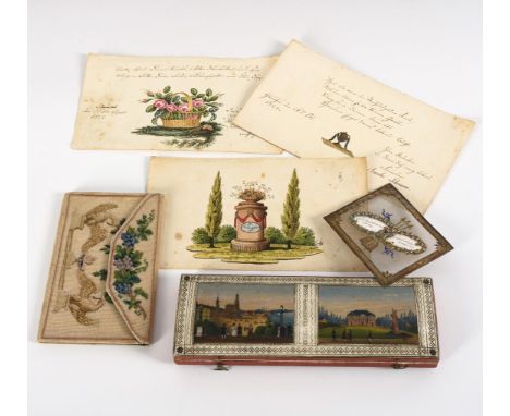 Biedermeier-Utensilien.             L Schatulle 21 cm, Blätter 11,5 x 20 cm.             Leeres Bestecketui, mit teils goldge