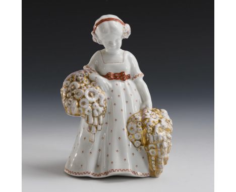 Jugendstil-Mädchen mit Blumen. Pirkenhammer. Stempelmarke, um 1900, Malerzeichen "E.F. III". Bezeichnet. Undeutliche Modell-N