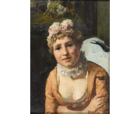             Kleines FrauenbildnisÖl/Holz. Unsigniert. 18 x 14 cm. Gerahmt : 30 x 25 cm.             Porträt einer jungen Frau
