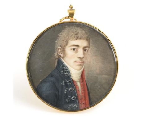 Empire-Miniatur: Herrenporträt. Um 1800.             Tempera, verglaster Messingrahmen als Anhänger. Ø 6 cm (ohne Öse).      