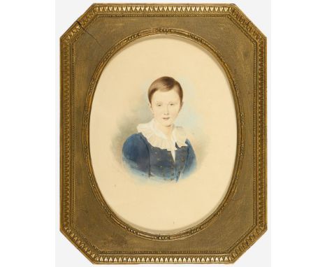             Undeutlich signiert: Porträt eines Knaben in blauer SamtjackeAquarell. Links unten undeutlich "C. Buchner" signie