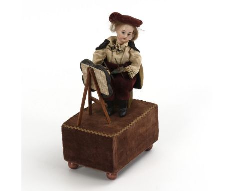 Puppenautomat als Maler. Ungemarkt. Nachbau.             Biskuitporzellan, Masse. 24,5 x 14,5 x 10,5 cm.             Porzella