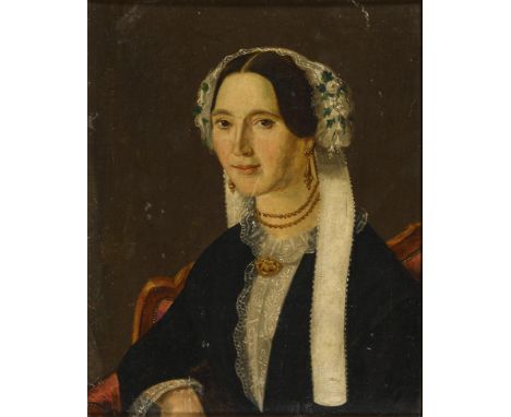             Biedermeier DamenbildnisÖl/Leinwand/Karton. Unsigniert, verso betitelt. 1855. 31 x 26 cm. Gerahmt : 50 x 44 cm (G