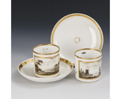2 Tassen mit Landschafts- und Insektenmalerei. Ungemarkt, wohl Frankreich, um 1810/1820.             Schwarzlotmalerei, polyc