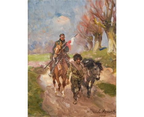                     KOSSAK,             Wojciech (1856 Paris - 1942 Krakau)    Kosake und berittener SoldatÖl auf Karton. Sig
