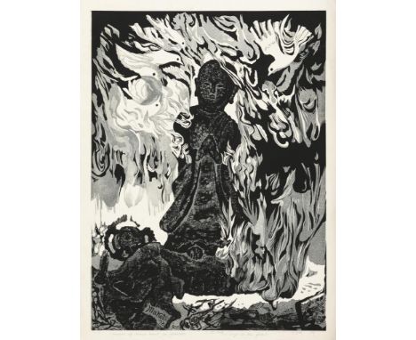                     UENO,             Makoto(1909 Kawanakajima - 1980 )    "Jizo in the fire"Farbholzschnitt. Bleistiftsignat