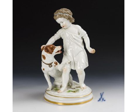 Seltene Plastik: Knabe mit Hund. Meissen. Knaufschwerter, ab 1880-1924, 1. Wahl. Bezeichnet "J. Hirt". Modell-Nr.: M 149. Ent