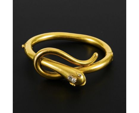 Antiker Schlangenarmreif mit Altschliff-Brillanten, Ende 19. Jh.             Gelbgold 585 geprüft. Ø 6,3 cm. 28,2 g.         