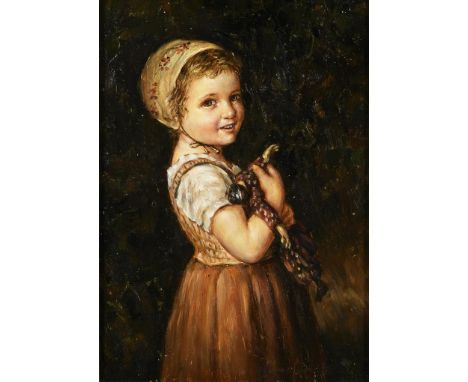             Lachendes Mädchen mit PuppeÖl/Messingblech. Unsigniert. 18 x 13 cm. Gerahmt : 31,5 x 26,4 cm (Goldrahmen).       