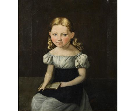             Biedermeier MädchenbildnisÖl/Leinwand. Unsigniert, verso als "Wilhelmine Wehner" betitelt. Mitte 19. Jh. 28,5 x 2
