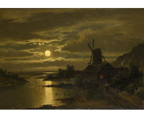             Undeutlich signiert: Landschaft mit Windmühle unter VollmondÖl/Leinwand. Rechts unten undeutlich signiert. Ende 1