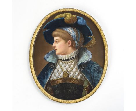 Großes Keramik-Wandbild mit Renaissance-Frauenporträt. Ungemarkt. Ende 19. Jh. Modell-Nr. 1229.             Farbig bemalt. Ca