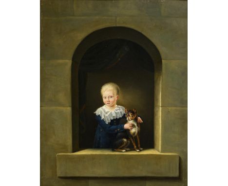             Porträt eines Knaben mit HundÖl/Holz. Unsigniert, verso betitelt. Um 1820. 40 x 32 cm. Gerahmt : 54,4 x 47 cm (Go