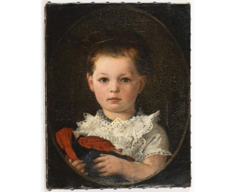             KinderbildnisÖl/Leinwand. Unsigniert. Ende 19. Jh. 42 x 32,5 cm.             Porträt eines Mädchens in heller Kle