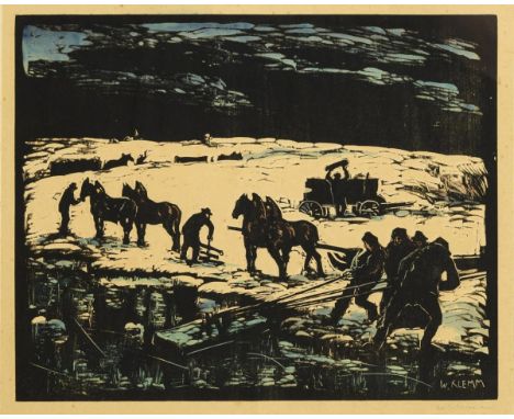                     KLEMM,             Walther(1883 Karlsbad - 1957 Weimar)    "Eis-Ernte an der Eger"Kolorierter Holzschnitt