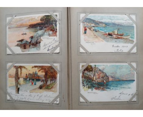 Postcards, a vintage album of approx. 169 mainly European illustrated cards of scenic views. Artists include Wielandt (42) mo