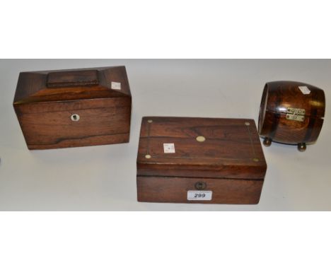 A Victorian rosewood sarcophagus shaped  two section tea caddy, c.1860;  a similar rosewood box, c.1860;  an oak barrel shape