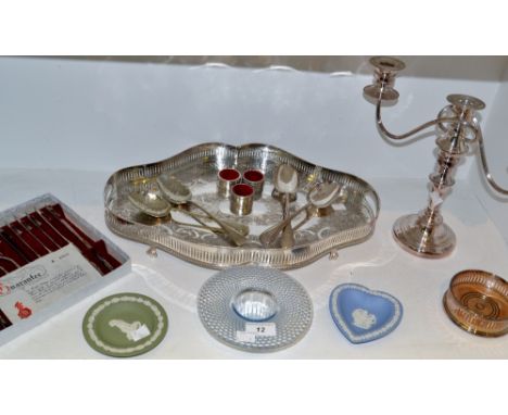 Plated Ware - an EPNS shaped oval gallery tray;  a three light candelabrum;  fish knives and forks; Wedgewood Jasperware trin