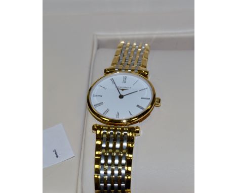 A Lady's Longines Flagship bi- colour wristwatch, white enamel dial, boxed