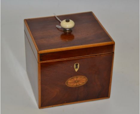 A Sheriton revival mahogany and satinwood inlay caddy, ivory finial 