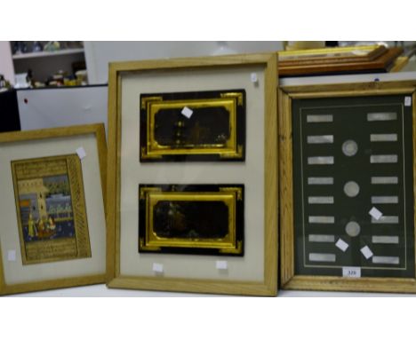 Asian Art - a framed set of gaming tokens; a pair of Oriental lacquer panels, framed; a framed print of a Middle Eastern manu