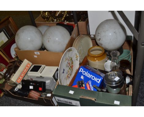 Household Goods - light fittings; chrome coffee pot , Denby dinner ware ; darning mushroom; oil lamp blue glass reservoir; Ha