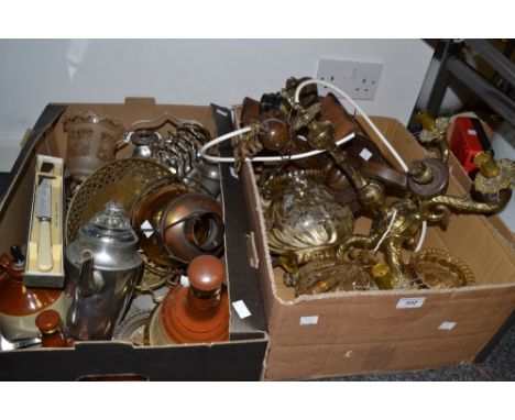 Household Goods - light fittings; silver plated swing handled basket; Bells Whisky bells; etc (2 boxes)