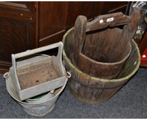 A galvanized bucket; a coopered half barrel with rope handles; a coopered barrel garden planter; etc; quantity