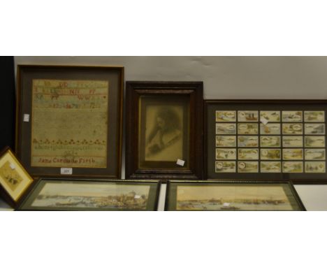 A late 19th century sampler worked by Jane Caroline Firth, with alphabet and script, 29cm x 25cn;  Cecil Aldin print;  etc 