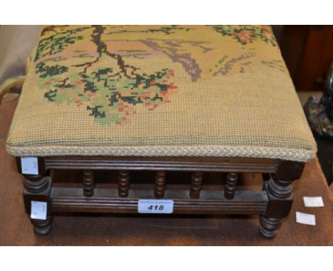 A Victorian rectangular stool, stuffed-over tapestry top, turned spindle supports, c.1870