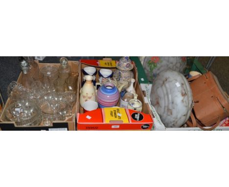 Household Goods - pressed glass decanter, biscuit barrel, wine glasses; soda syphon; marbled glass light shades; Polaroid cam