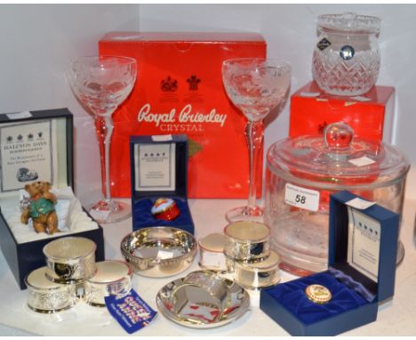 A Royal Brierley cut crystal preserve pot; a pair of Royal Brierley champagne coupes, boxed, a Halcyon Days Bonbonniere Teddy