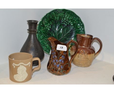 A 19th century brown salt glaze stoneware jug, c1840;  a Copeland late Spode Queen Victoria Diamond Jubilee  mug; a copper lu