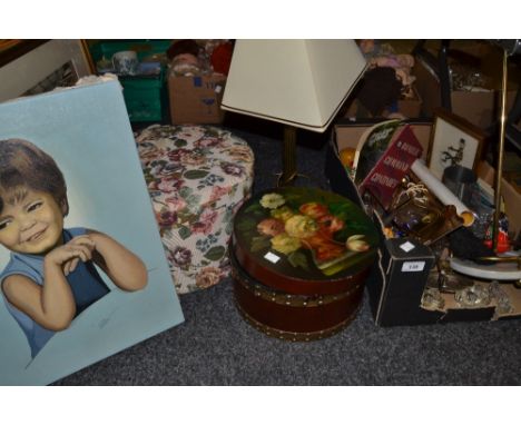 Household Goods - a Corinthian column table lamp; a tapestry fabric hat box; brass fire irons; pewter tankards; The Beatles B