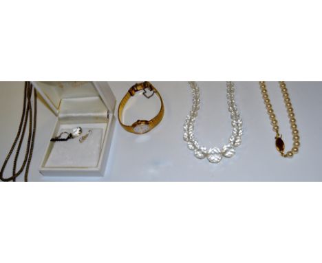 Fashion Jewellery - a gold plated lady's wristwatch;  crystal necklace;  simulated pearls;  a mother of pearl compact; earrin