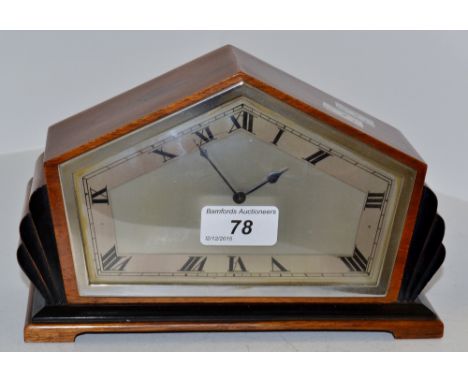 An Art Deco walnut mantel clock, ebonised fans, Roman numerals, 13.5cm high, c.1930