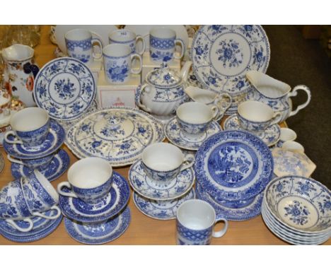 Blue and White Ceramics - a Johnson Bros Indies pattern part tea service; Spode boxed mugs; etc qty 
