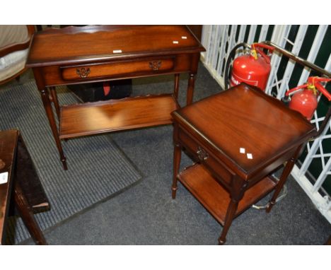 A reproduction side table, with drawer to the frieze, shelf to under tier; a similar side table (2)