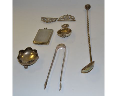 A silver caddy spoon, Sheffield 1977;  a nurses buckle, Birmingham 1928;  silver salt; silver compact;   etc 