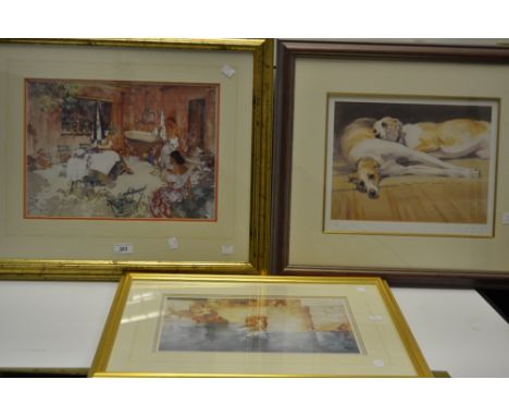 Prints - M Cowes,
Limited Edition Print 183/500
signed in pencil to margin,
recumbent Greyhounds; 
A Russell Hunt print,
The 