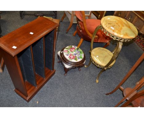 An onyx marble two tier occasional table , a tapestry top footstool, another; a cd rack (4)