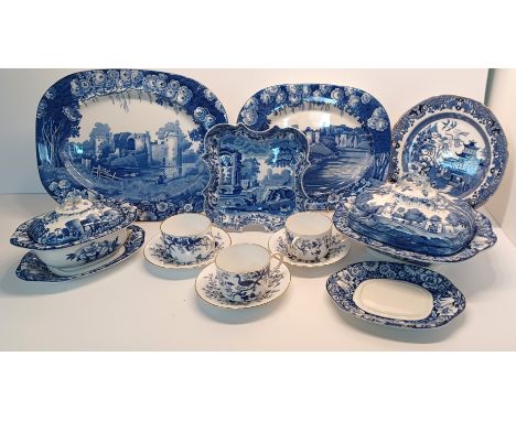 MIXED BLUE AND WHITE CERAMICS - ENOCHWOODS CASTLE, SPODE BLUE ITALIAN DISH AND COAL CUPS AND SAUCERS (16)