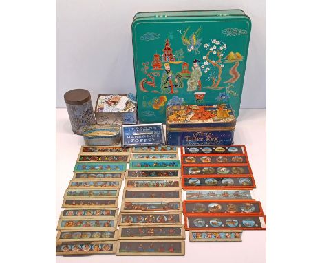 MAGIC LANTERN SLIDES, TIN OF LOOSE STAMPS, AND OTHER VINTAGE TINS