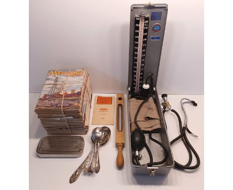 MIXED LOT STETHOSCOPE, BP MACHINE, BAROMETER, MECCANO MAGAZINES, CUTLERY, RAZOR