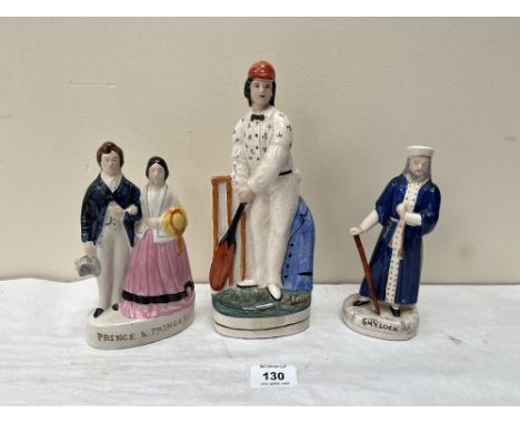 Three Staffordshire figures, the cricketer 10' high